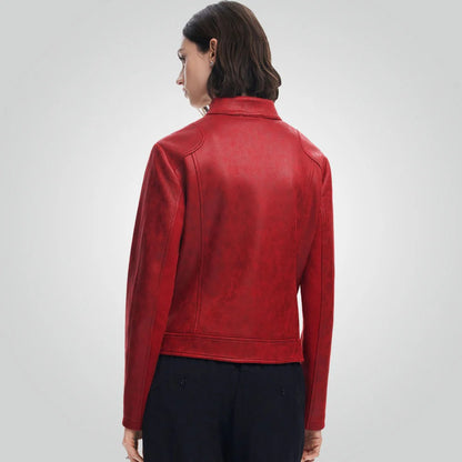 Cafe Racer Red Leather Jacket - Motorbike Style for Women