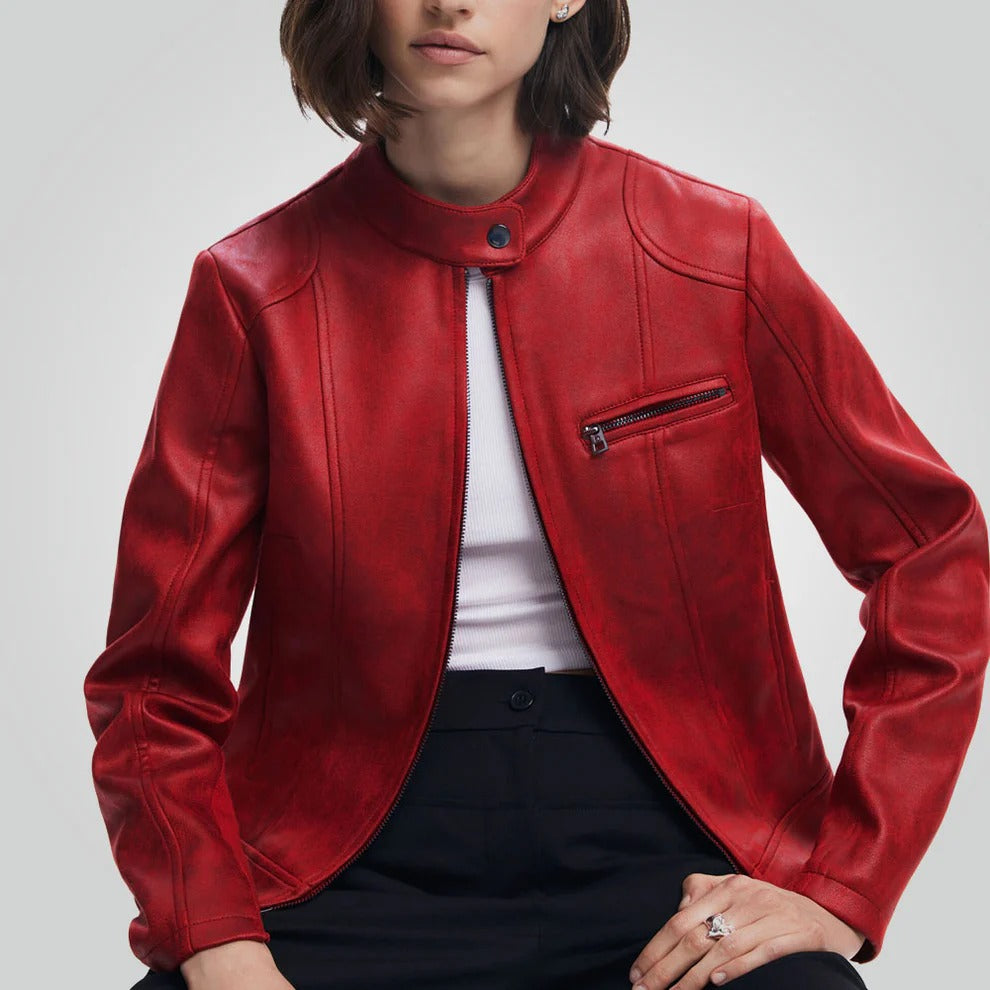 Cafe Racer Red Leather Jacket - Motorbike Style for Women