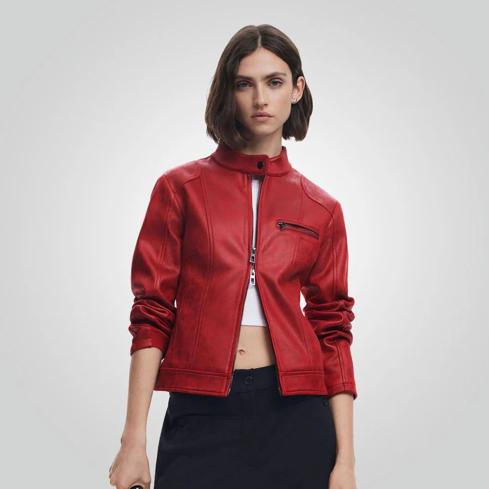 Cafe Racer Red Leather Jacket - Motorbike Style for Women
