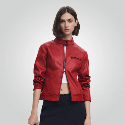 Cafe Racer Red Leather Jacket - Motorbike Style for Women