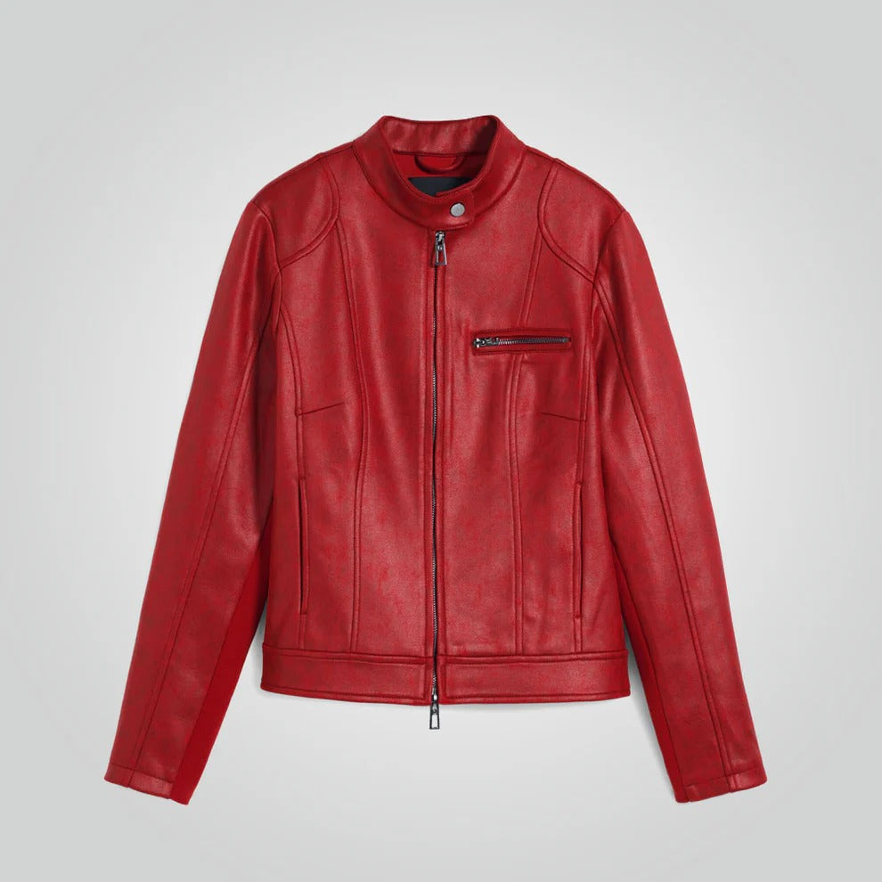 Cafe Racer Red Leather Jacket - Motorbike Style for Women