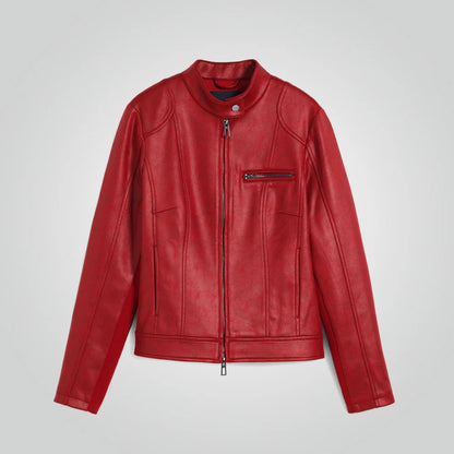 Cafe Racer Red Leather Jacket - Motorbike Style for Women