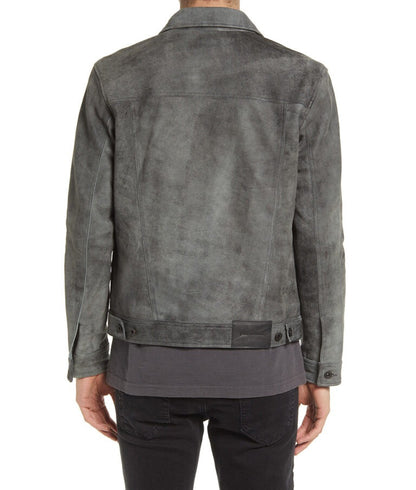 Caleb Men’s Grey Suede Trucker Moto Style Leather Jacket