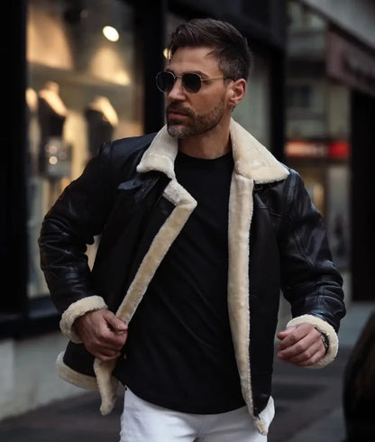 Captain Men’s Dark Brown B-3 Shearling Bomber Aviator Leather Jacket

