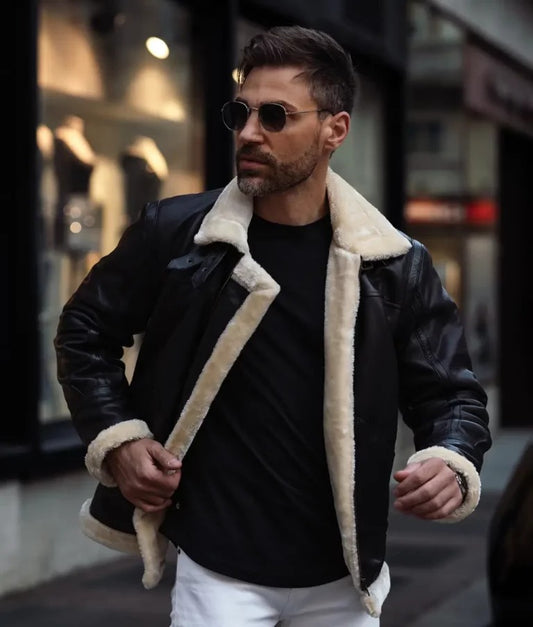 Captain Men’s Dark Brown B-3 Shearling Bomber Aviator Leather Jacket

