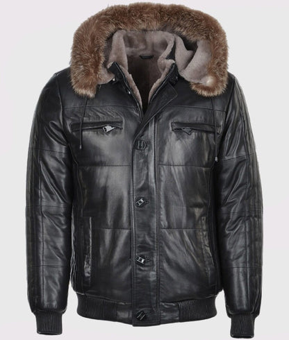 Carter Men’s Black Fur Hooded Leather Bomber Jacket