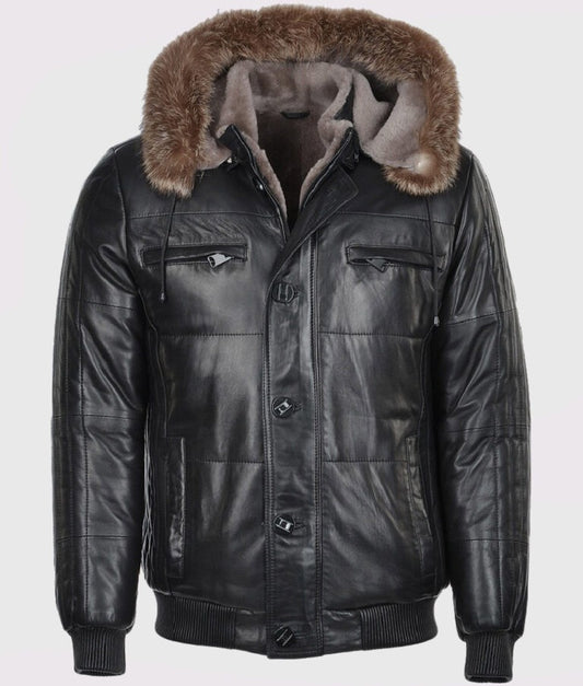 Carter Men’s Black Fur Hooded Leather Bomber Jacket