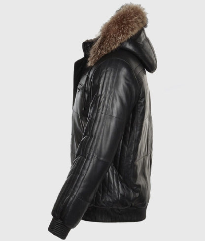 Carter Men’s Black Fur Hooded Leather Bomber Jacket