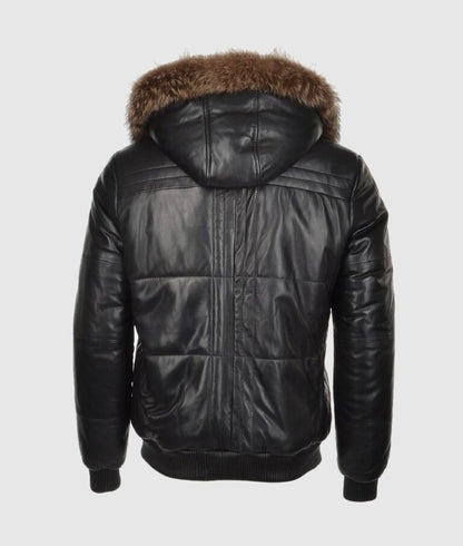 Carter Men’s Black Fur Hooded Leather Bomber Jacket