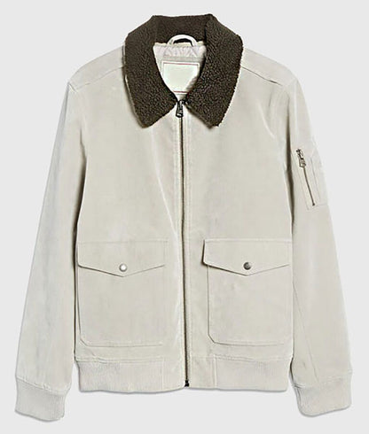 Shawn Men’s Mud White Suede Leather Bomber Jacket