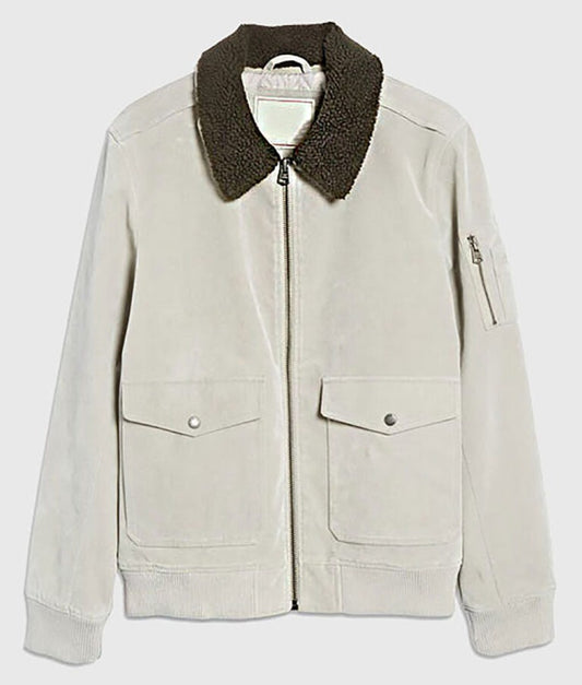 Shawn Men’s Mud White Suede Leather Bomber Jacket