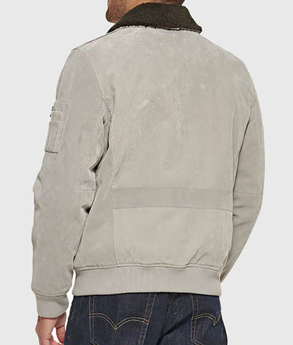 Shawn Men’s Mud White Suede Leather Bomber Jacket