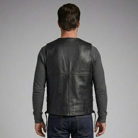 Men's Black Genuine Leather Motorcycle Vest with Adjustable Side Lacing