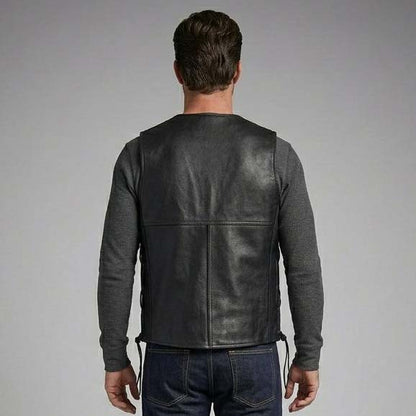 Men's Black Genuine Leather Motorcycle Vest with Adjustable Side Lacing
