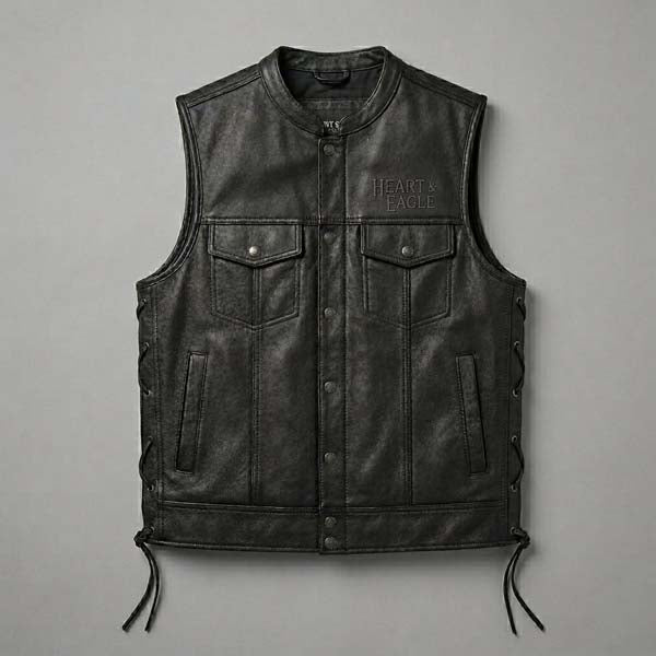 Men's Black Genuine Leather Motorcycle Vest with Adjustable Side Lacing