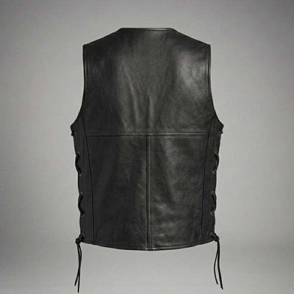 Men's Black Genuine Leather Motorcycle Vest with Adjustable Side Lacing