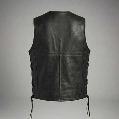 Men's Black Genuine Leather Motorcycle Vest with Adjustable Side Lacing