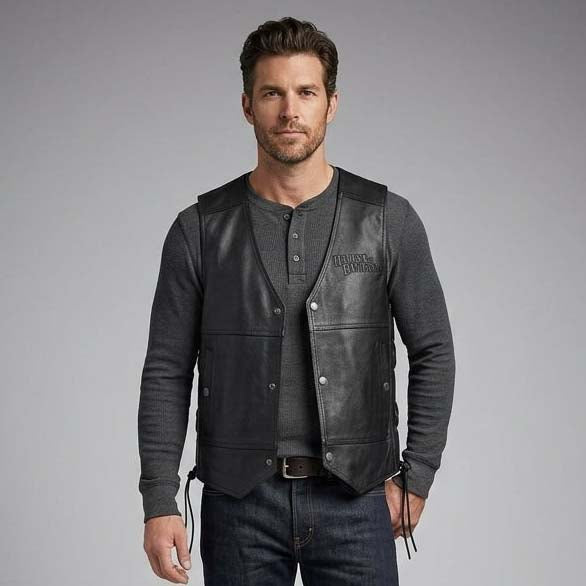 Men's Black Genuine Leather Motorcycle Vest with Adjustable Side Lacing