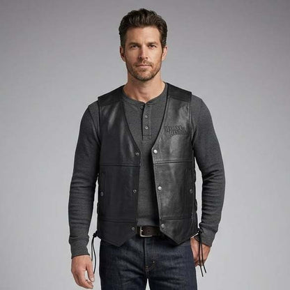 Men's Black Genuine Leather Motorcycle Vest with Adjustable Side Lacing