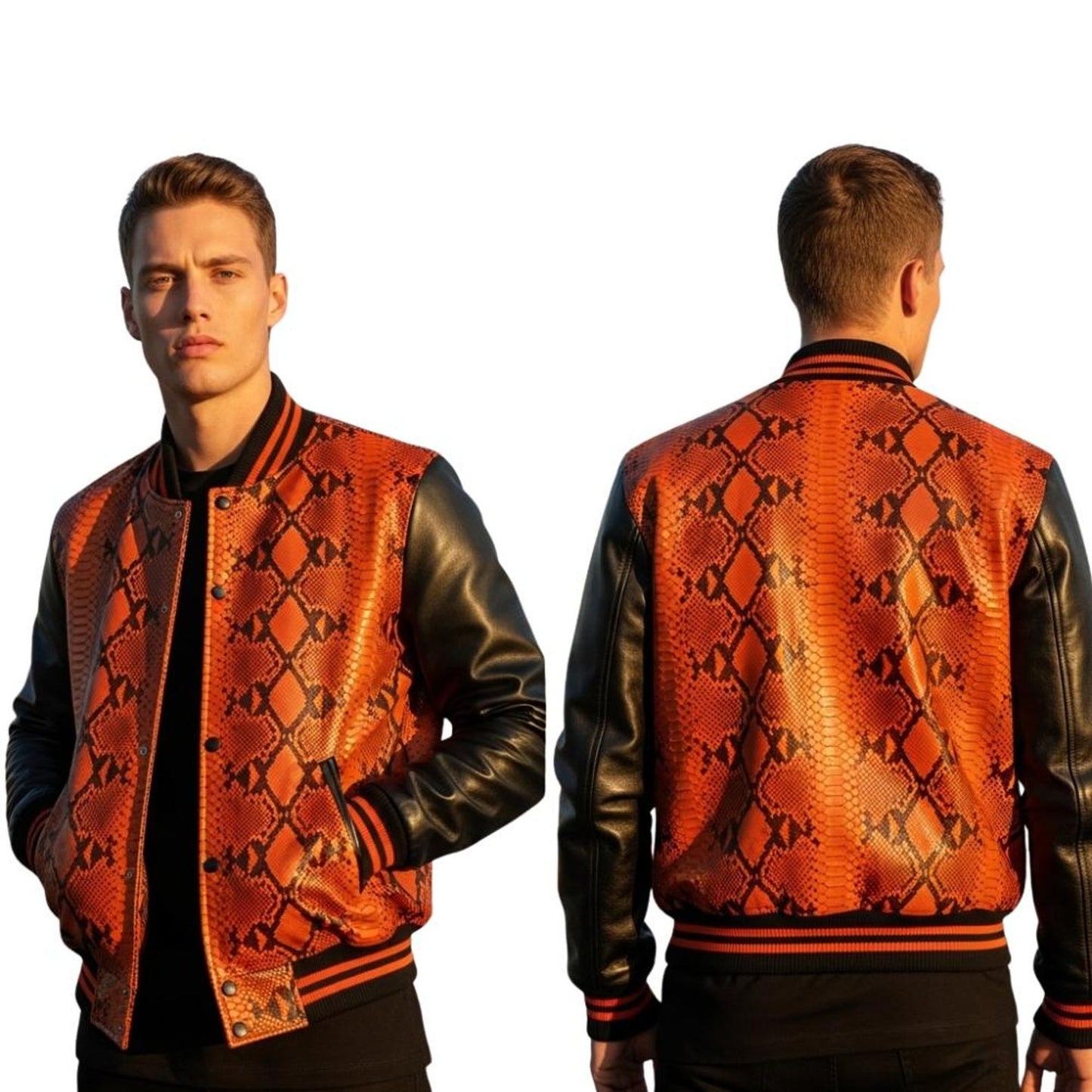 Classic Men’s Snake Leather Varsity Jacket – Handmade Bomber Streetwear Outerwear