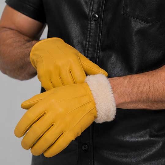 Yellow Leather Glove with Faux Fur Lining