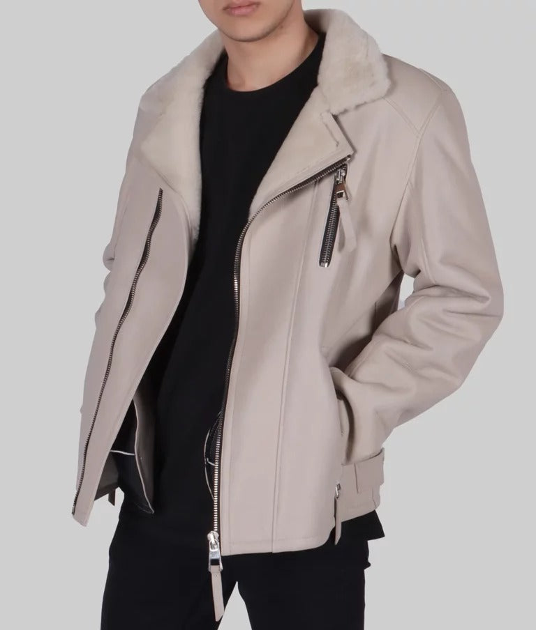 Colonel Men's Cream Leather Bomber Jacket