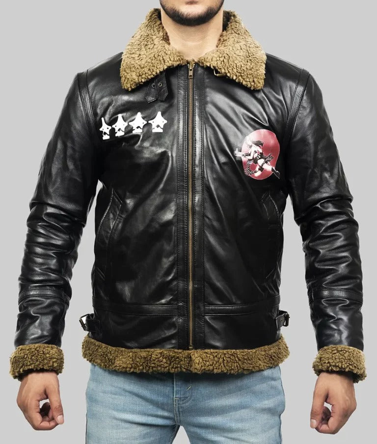 Connan Men’s Black Shearling B-3 Bomber Leather Jacket