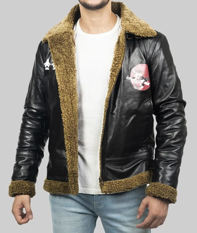 Connan Men’s Black Shearling B-3 Bomber Leather Jacket