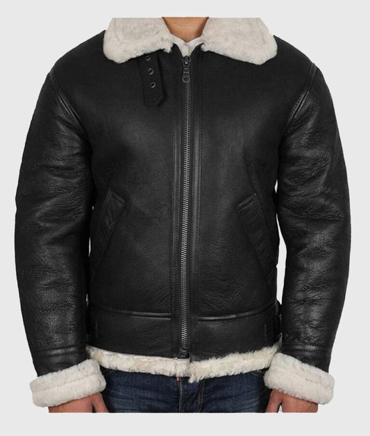 Real Men’s Black Shearling B-3 Bomber Leather Jacket