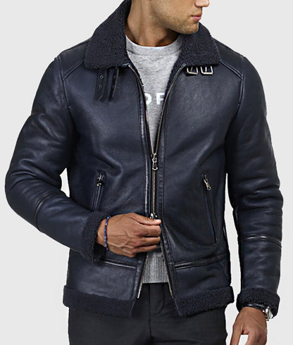 Carter Men’s Blue B-3 Shearling Bomber Leather Jacket