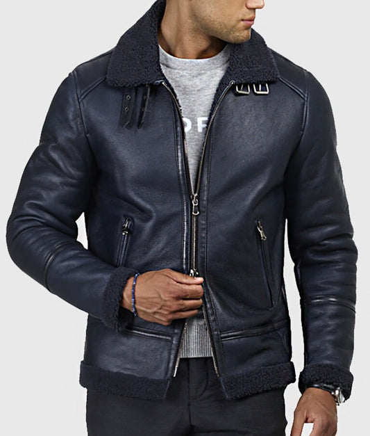 Carter Men’s Blue B-3 Shearling Bomber Leather Jacket