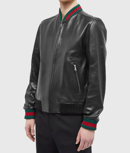 Current Men’s Sleek Black Leather Bomber Jacket