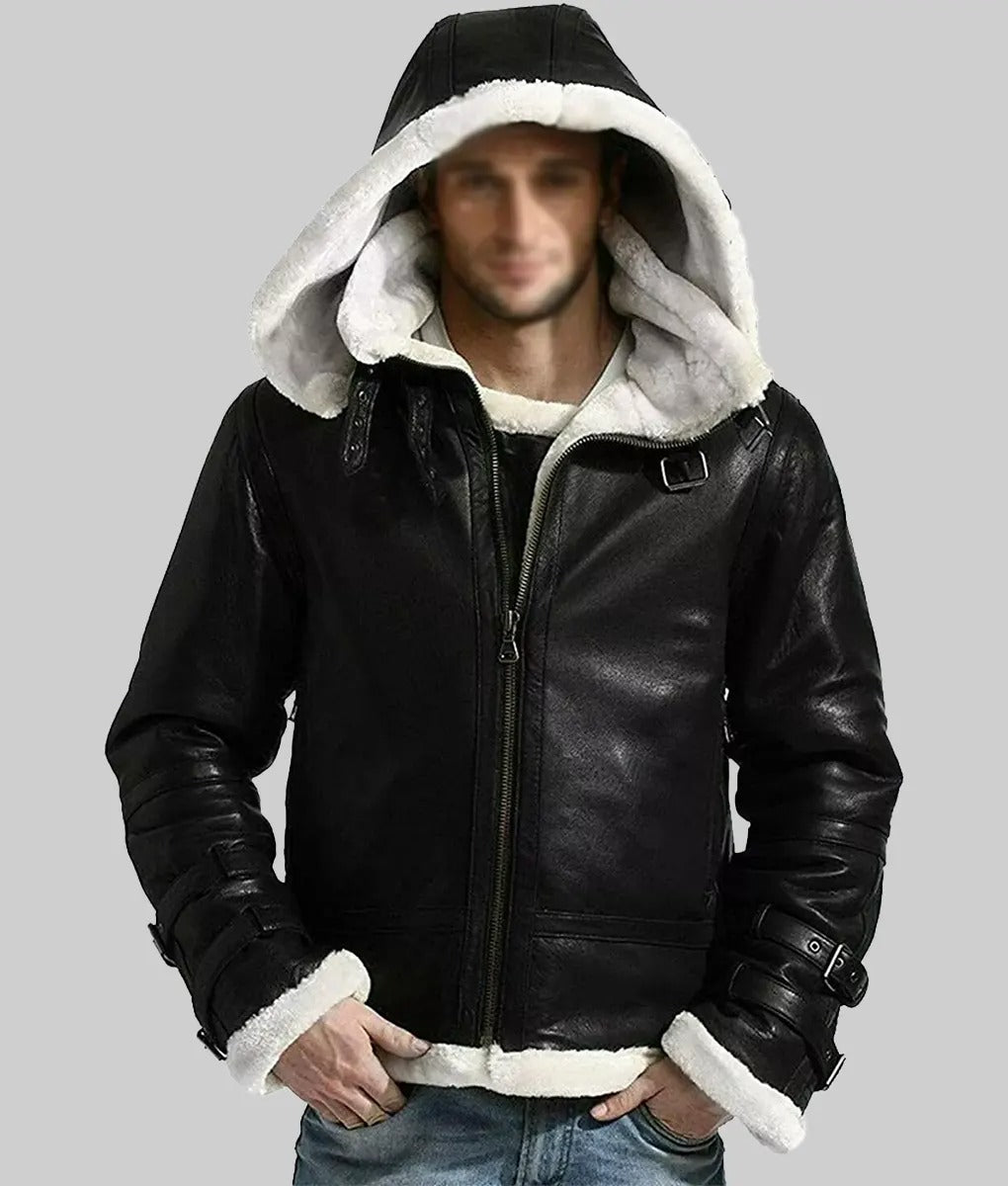 Cook Men’s Black Shearling Lined Aviator Leather Jacket