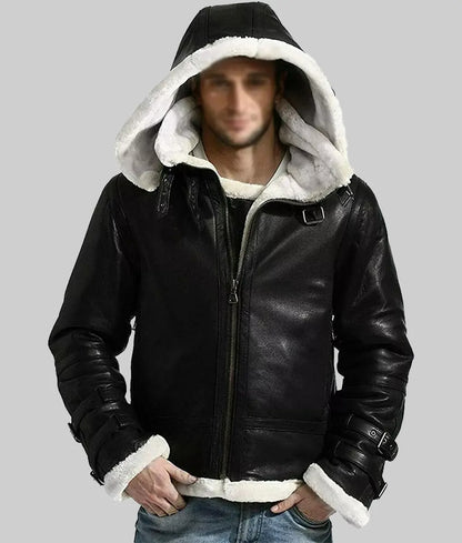 Cook Men’s Black Shearling Lined Aviator Leather Jacket