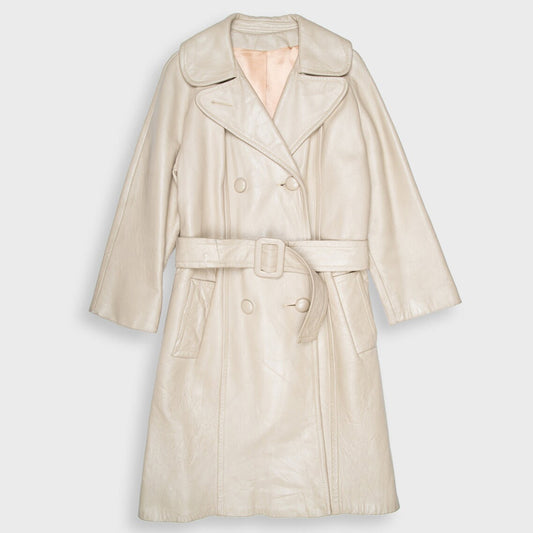 Women's cream leather trench coat with classic long silhouette