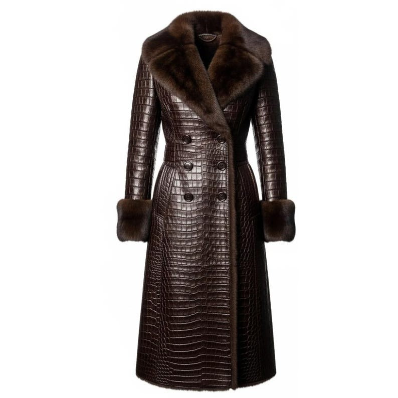 Crocodile Embossed Leather Long Coat – Faux Fur Collar Timeless Winter Style