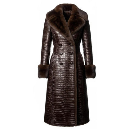 Crocodile Embossed Leather Long Coat – Faux Fur Collar Timeless Winter Style