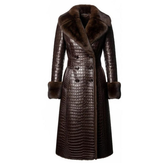 Crocodile Embossed Leather Long Coat – Faux Fur Collar Timeless Winter Style