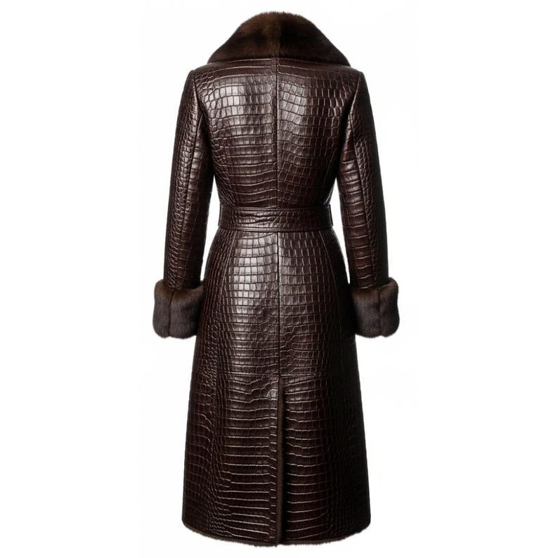 Crocodile Embossed Leather Long Coat – Faux Fur Collar Timeless Winter Style