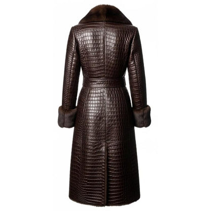 Crocodile Embossed Leather Long Coat – Faux Fur Collar Timeless Winter Style