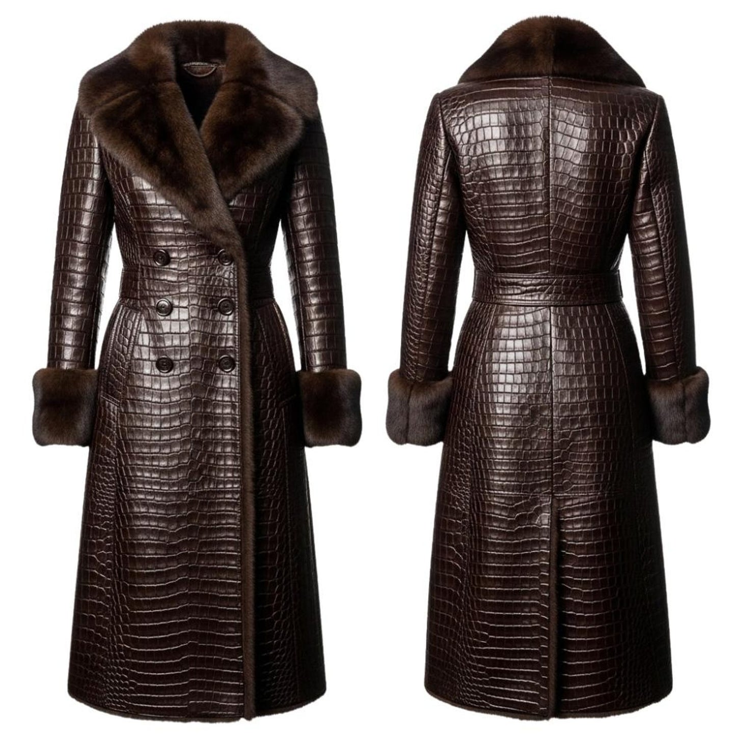 Crocodile Embossed Leather Long Coat – Faux Fur Collar Timeless Winter Style