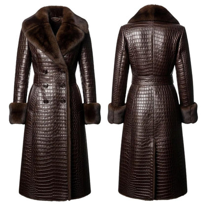 Crocodile Embossed Leather Long Coat – Faux Fur Collar Timeless Winter Style