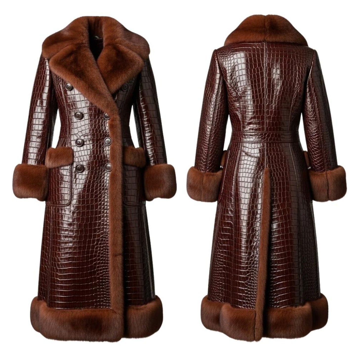 Crocodile Embossed Leather Long Coat – Faux Fur Collar Winter Fashion