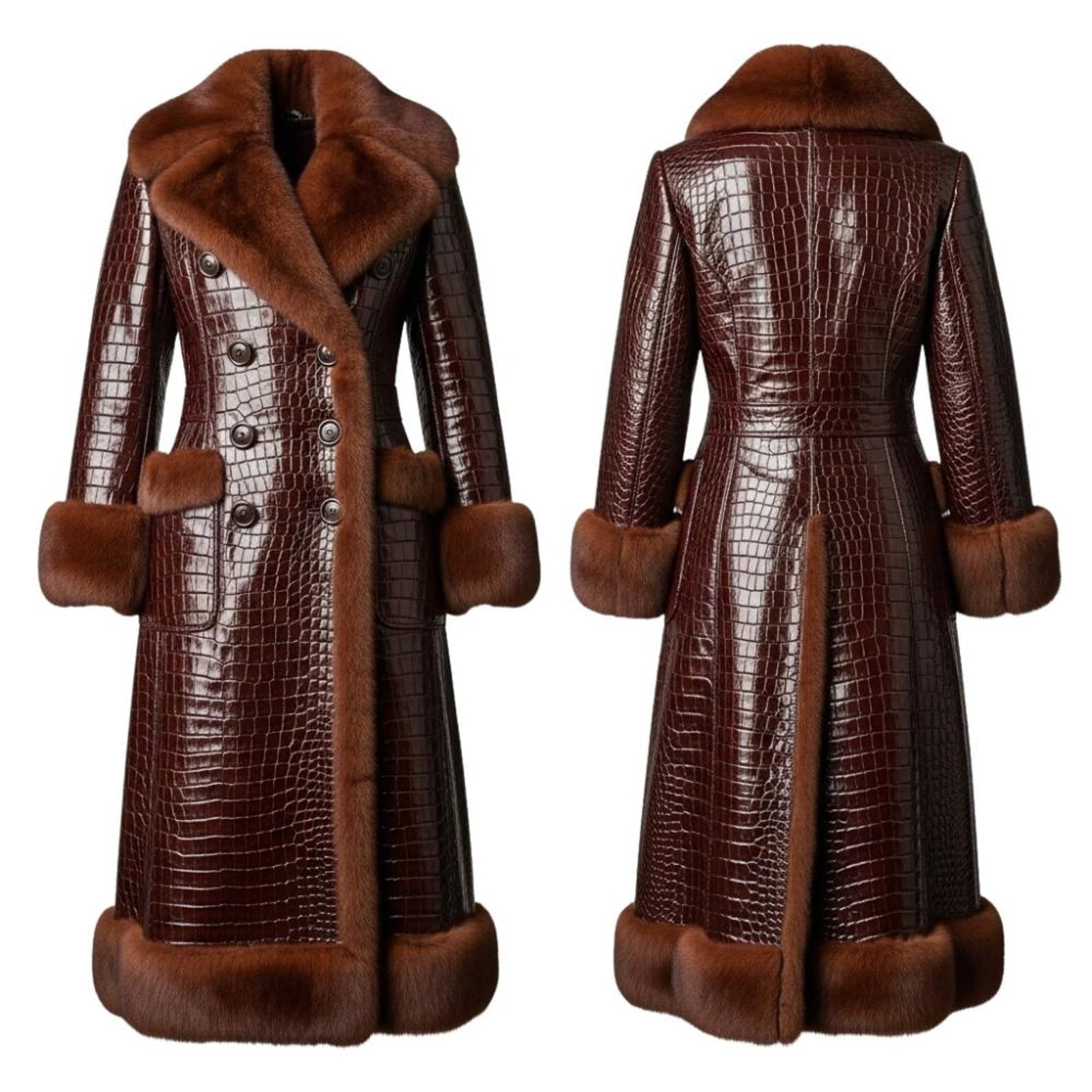 Crocodile Embossed Leather Long Coat – Faux Fur Collar Winter Fashion