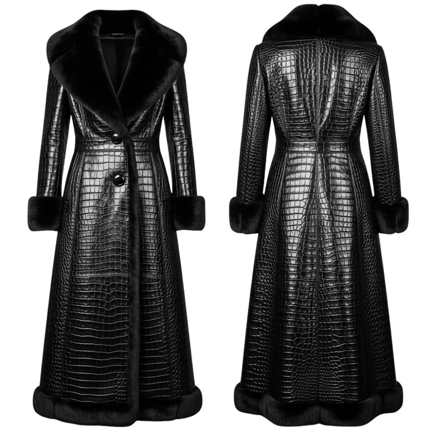 Crocodile Embossed Leather Long Coat – Fur Lined Elegant Winter Style