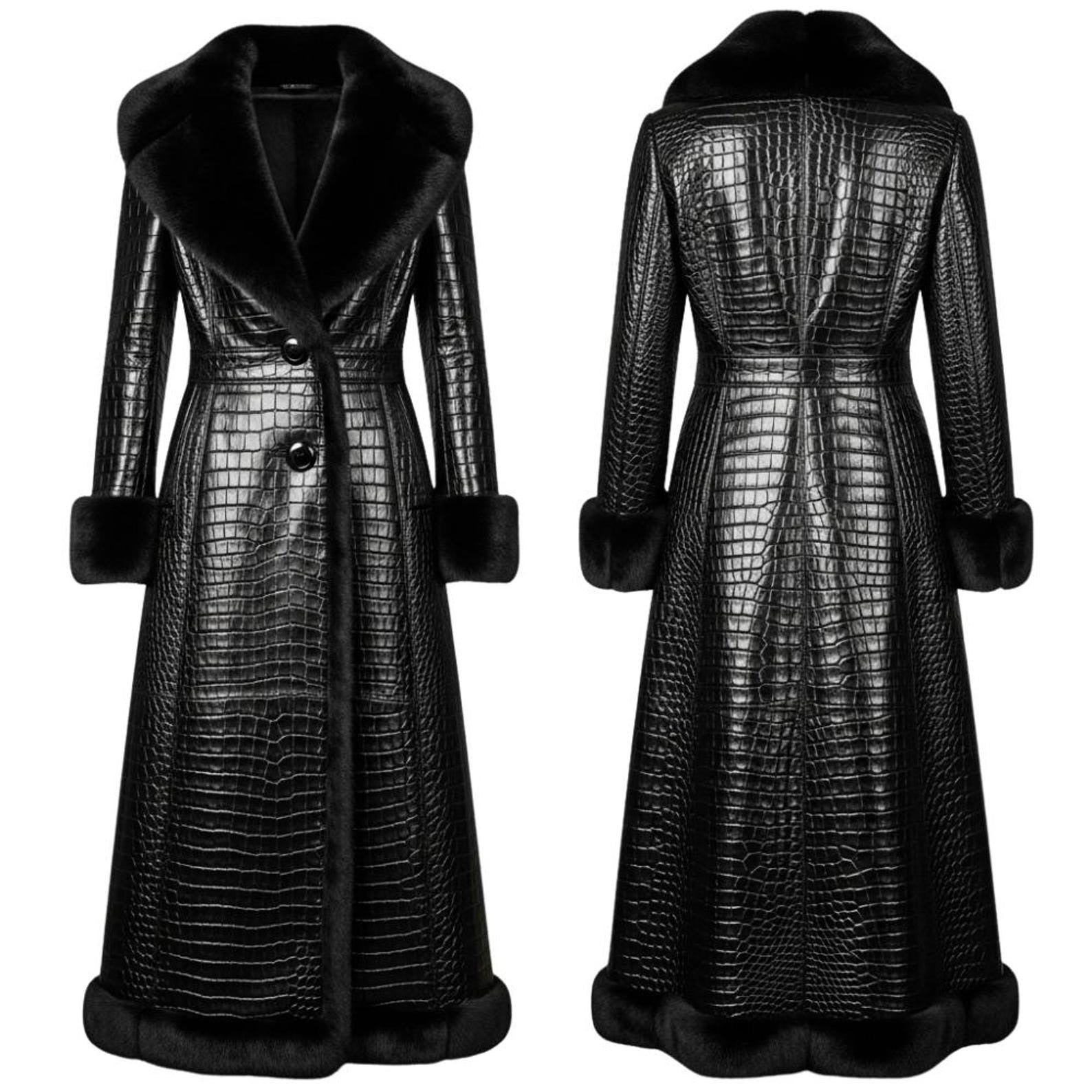 Crocodile Embossed Leather Long Coat – Fur Lined Elegant Winter Style