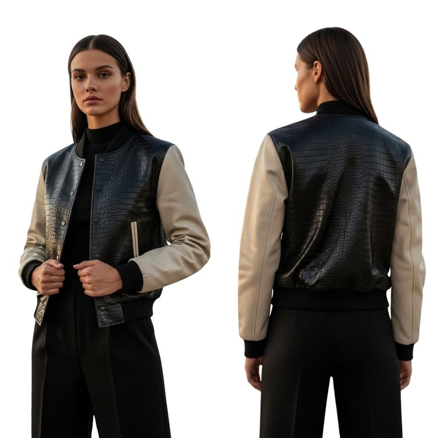 Crocodile Embossed Leather Varsity Jacket – Handmade Street Style Bomber