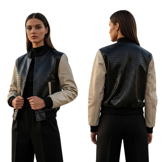 Crocodile Embossed Leather Varsity Jacket – Handmade Street Style Bomber