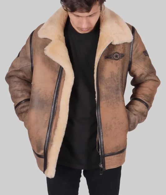 Cromb Men's Distressed Brown Leather Bomber Jacket