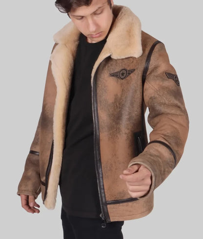 Cromb Men's Distressed Brown Leather Bomber Jacket
